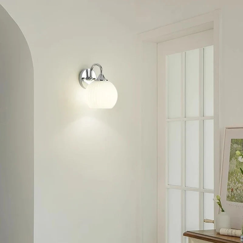 Quashion Modern Ribbed Glass Globe Wall Lamp – Polished Chrome or Brass Minimalist Wall Sconce for Bathroom, Bedroom & Hallway