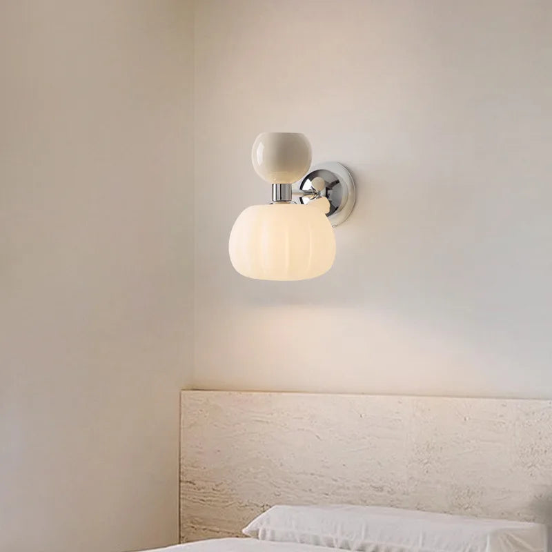 Nordic Pumpkin Glass Wall Lamp – Sculptural Frosted Glass & Metal Sconce in Red, Green or Beige, Warm or Cool White