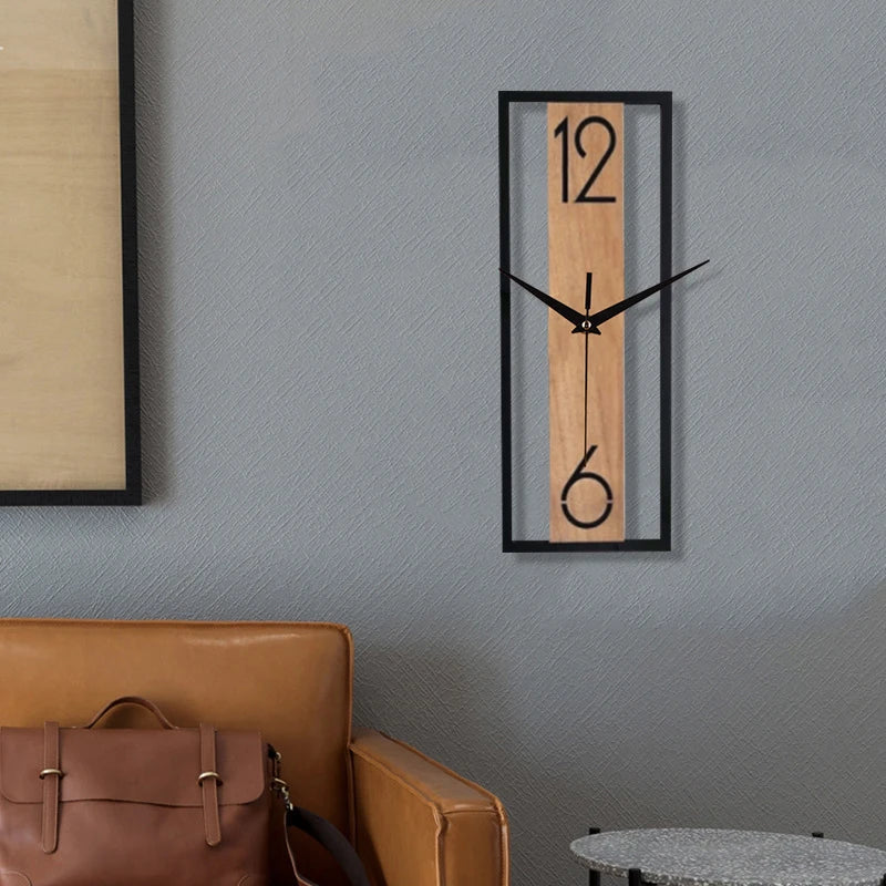Modern Rectangular Wall Clock – Slim Wood Grain & Metal Frame Silent Clock, Minimalist Japandi Decor for Living Room & Office
