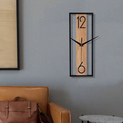 Modern Rectangular Wall Clock – Slim Wood Grain & Metal Frame Silent Clock, Minimalist Japandi Decor for Living Room & Office