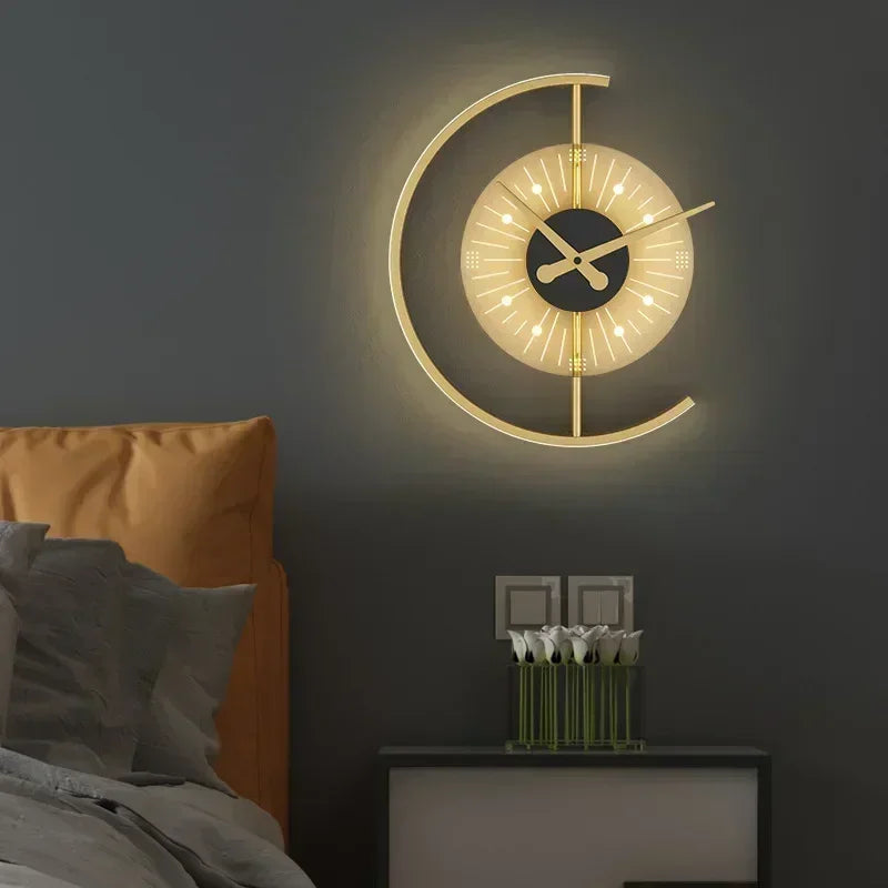 Lunaris Post-Modern LED Wall Lamp with Built-In Silent Clock – Golden Crescent Wall Sconce & Clock 2-in-1 Decor