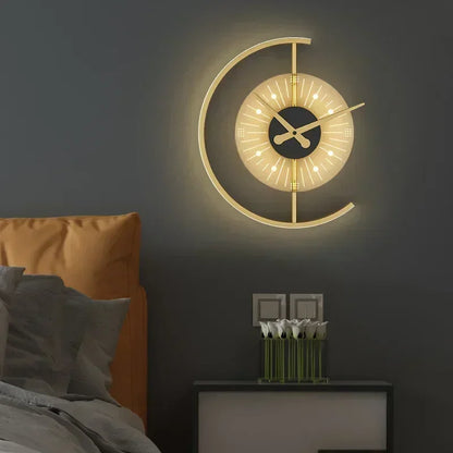 Lunaris Post-Modern LED Wall Lamp with Built-In Silent Clock – Golden Crescent Wall Sconce & Clock 2-in-1 Decor