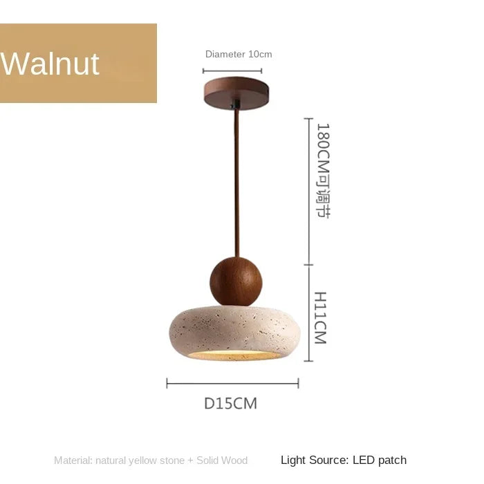 Natural Stone & Solid Wood Pendant Light – Vintage Minimalist Ceiling Lamp with Focused LED in Log or Walnut Finish