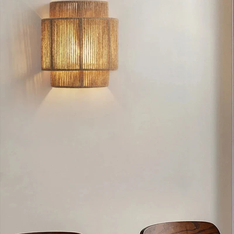 RattanGlow Handwoven Rattan Wall Lamp – Natural Bamboo Boho Wall Sconce with Warm Up & Down Light for Bedroom & Living Room