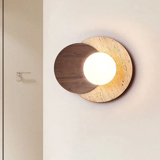 Wabi-Sabi Natural Stone & Wood Wall Lamp – Organic Texture Sconce with Frosted Glass and G9 LED in Walnut or Wood