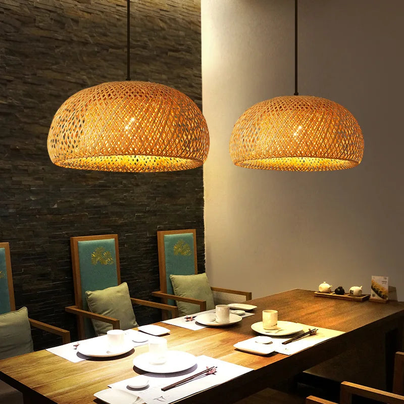 Handwoven Natural Bamboo & Rattan Pendant Light – Boho Woven Hanging Lamp Shade for Dining Room, Living Room & Bedroom