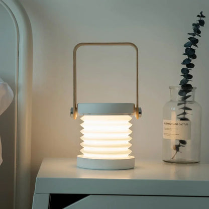 Portable Wooden Handle Lantern Lamp – Foldable Rechargeable LED Table Light, 3-Level Touch Dimming, 360° Rotating Head