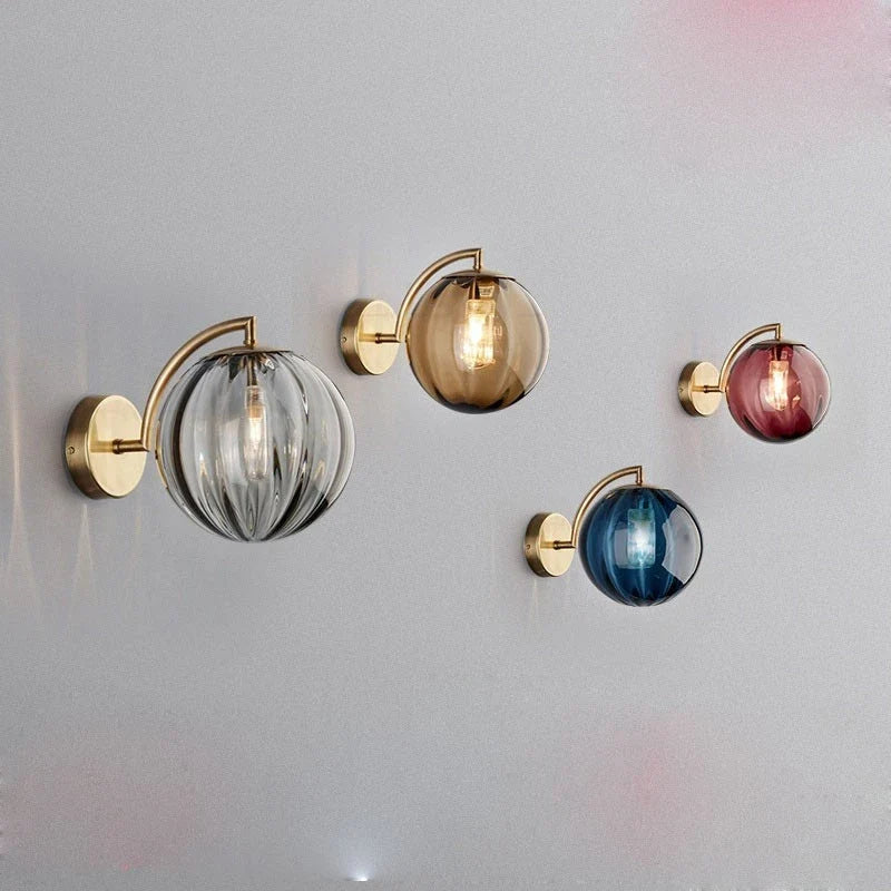 Modern Tinted Glass Ball Wall Lamp – Curved Brass Arm Wall Sconce with E27 Bulb in Red, Blue, Amber or Smoke Grey