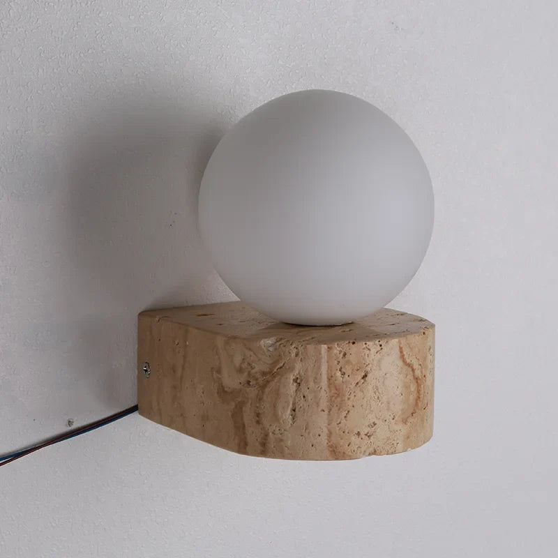 Yellow Travertine Stone Wall Lamp – Japanese-Inspired LED Sconce with Frosted Glass Shade, Warm White Natural Stone Light