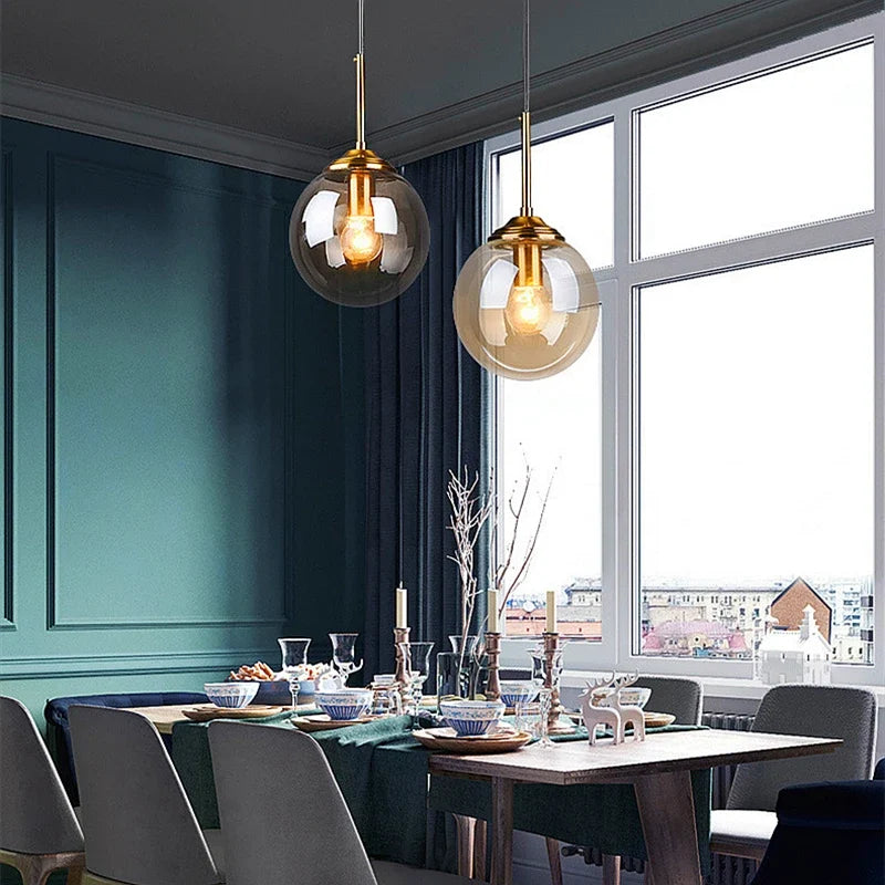Modern Nordic Glass Globe Pendant Light – Clear, Amber or Smoke Grey Glass Hanging Lamp for Dining Room, Kitchen & Cafe