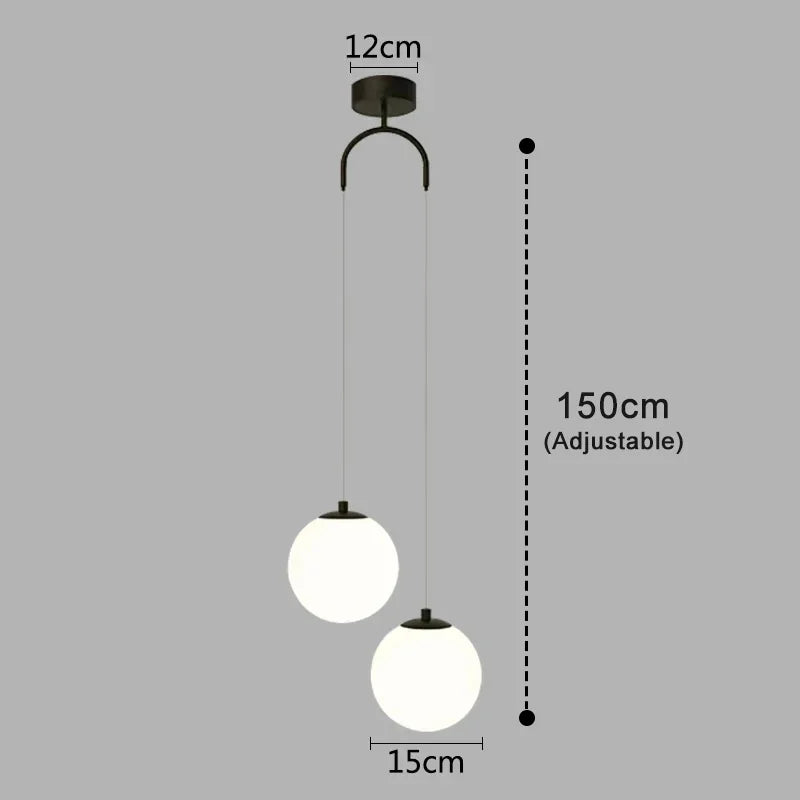 Luna Opal Glass Globe Pendant Light – Modern Nordic 1 or 2 Head Hanging Lamp in Black, White or Gold for Dining & Kitchen