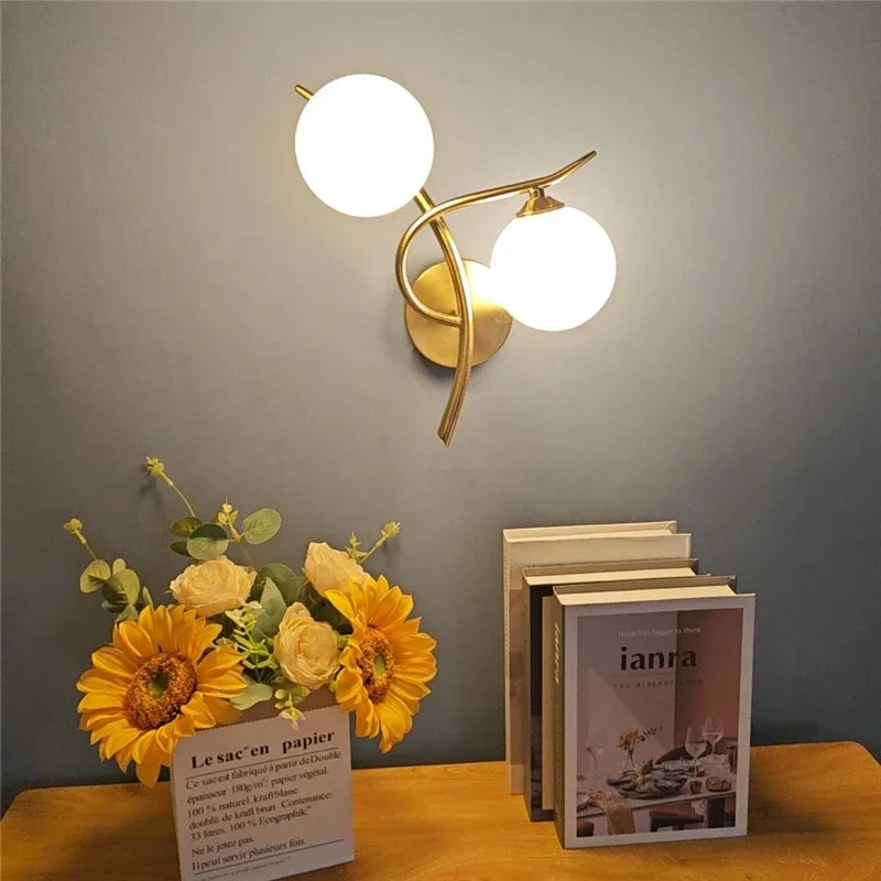 Lunara Nordic Dual-Globe LED Wall Light – Sculptural Gold or Black Frame Wall Sconce with Frosted Glass, Left or Right