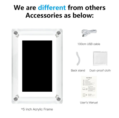 ClearFrame Acrylic Digital Photo Frame – 5 Inch IPS Display with Rechargeable Battery, Portable Video & Photo Player Gift