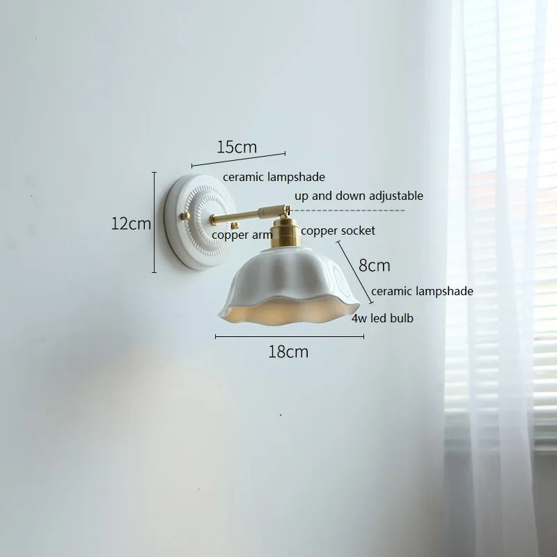 Nordic Cream Ceramic Flower Wall Lamp – Vintage Sculpted Ceramic Wall Sconce for Bedside Reading, Living Room & Hallway