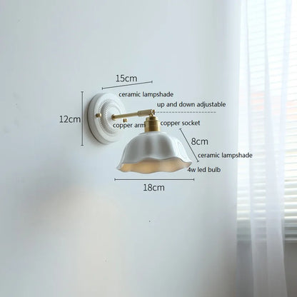 Nordic Cream Ceramic Flower Wall Lamp – Vintage Sculpted Ceramic Wall Sconce for Bedside Reading, Living Room & Hallway