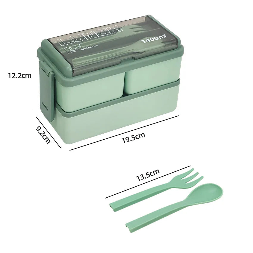 1400ml Double-Layer Bento Lunch Box with Fork & Spoon – Microwave-Safe Locking Food Container for Kids & Adults, Pink or Green