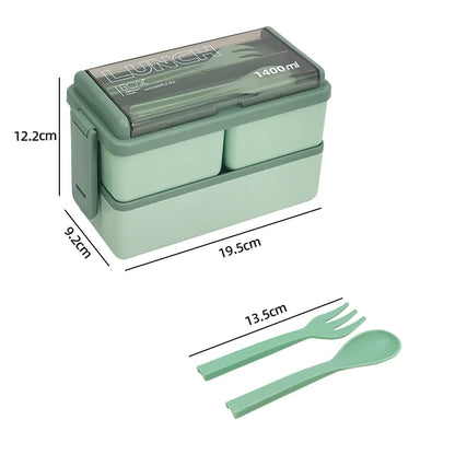 1400ml Double-Layer Bento Lunch Box with Fork & Spoon – Microwave-Safe Locking Food Container for Kids & Adults, Pink or Green