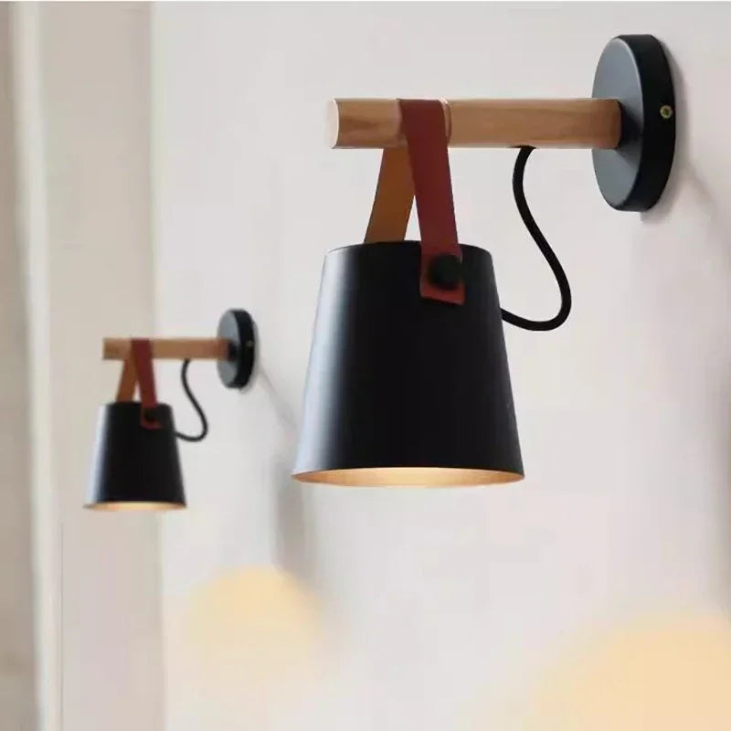 Nordic Wood & Leather Strap Hanging Wall Lamp – Scandinavian Bedside Light with Wooden Arm, Soft Downward Glow