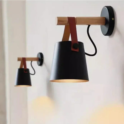 Nordic Wood & Leather Strap Hanging Wall Lamp – Scandinavian Bedside Light with Wooden Arm, Soft Downward Glow