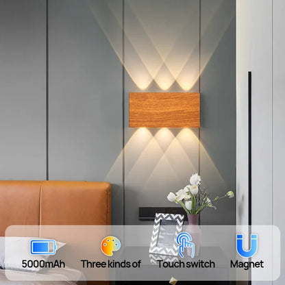 LumiBlock Rechargeable Wireless Wall Lamp – Magnetic or Adhesive No-Drill Sconce, 4000mAh, 3 Light Colors in Wood Grain