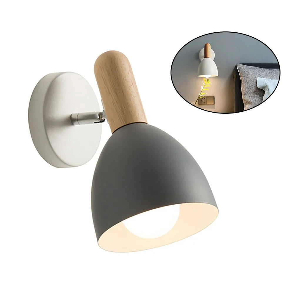 Nordic Rubberwood Adjustable Wall Lamp – 360° Rotating 90° Tilting Bedside Reading Sconce in White, Grey or Black