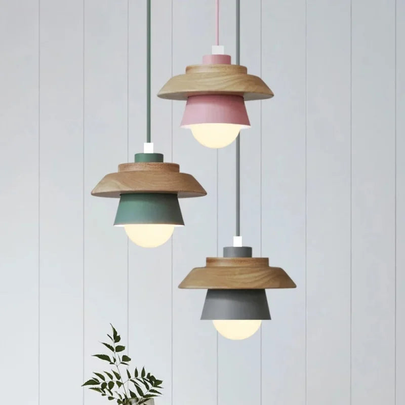Nordic Wooden Macaron Pendant Light – Layered Wood & Color Hanging Lamp for Kitchen, Dining & Kids Room, Warm or Cool White
