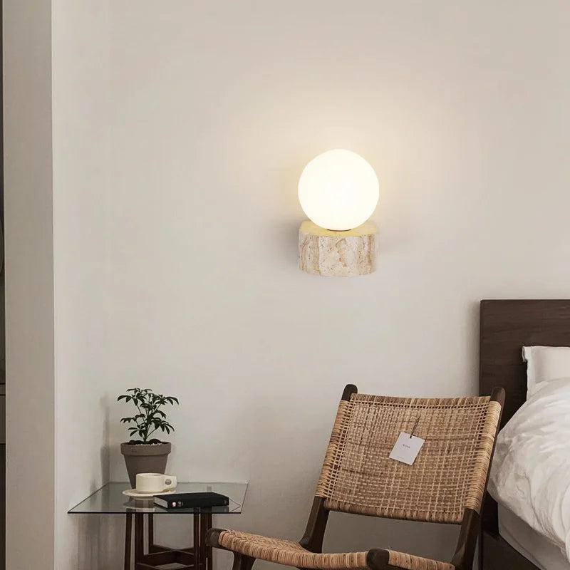 Yellow Travertine Stone Wall Lamp – Japanese-Inspired LED Sconce with Frosted Glass Shade, Warm White Natural Stone Light