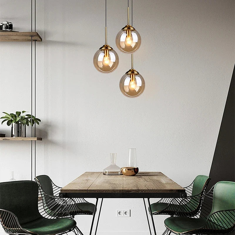 Modern Nordic Glass Globe Pendant Light – Clear, Amber or Smoke Grey Glass Hanging Lamp for Dining Room, Kitchen & Cafe
