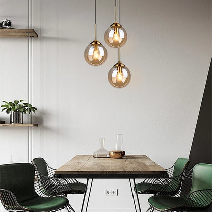 Modern Nordic Glass Globe Pendant Light – Clear, Amber or Smoke Grey Glass Hanging Lamp for Dining Room, Kitchen & Cafe