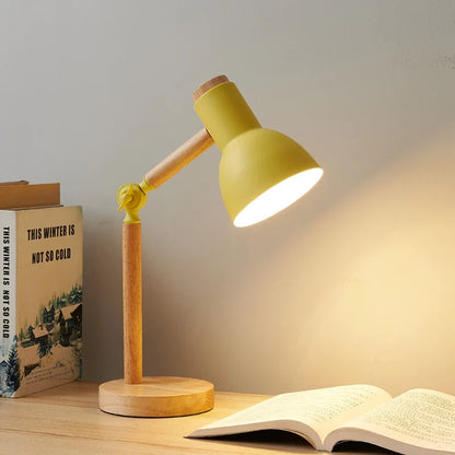 Nordic Wooden Desk Lamp – Adjustable Rotating Head Rubberwood Table Light for Reading, Study, Bedroom & Home Office