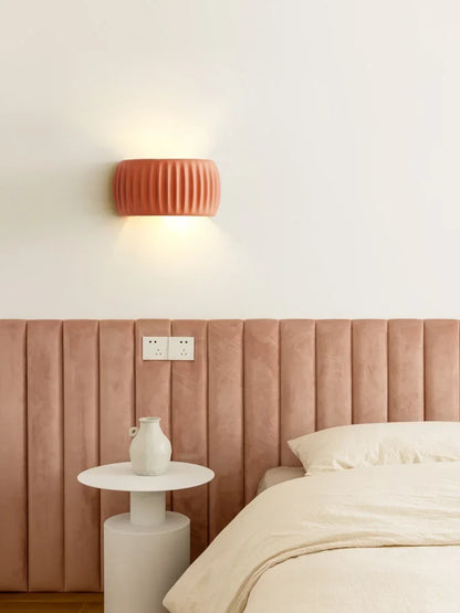 French Ribbed Resin Wall Lamp – Textured Up & Down Wall Sconce in Cream, Green or Brown Orange, Warm White for Bedroom & Hallway