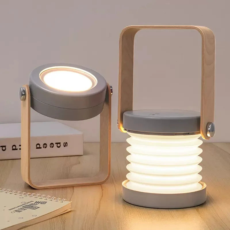 Portable Wooden Handle Lantern Lamp – Foldable Rechargeable LED Table Light, 3-Level Touch Dimming, 360° Rotating Head