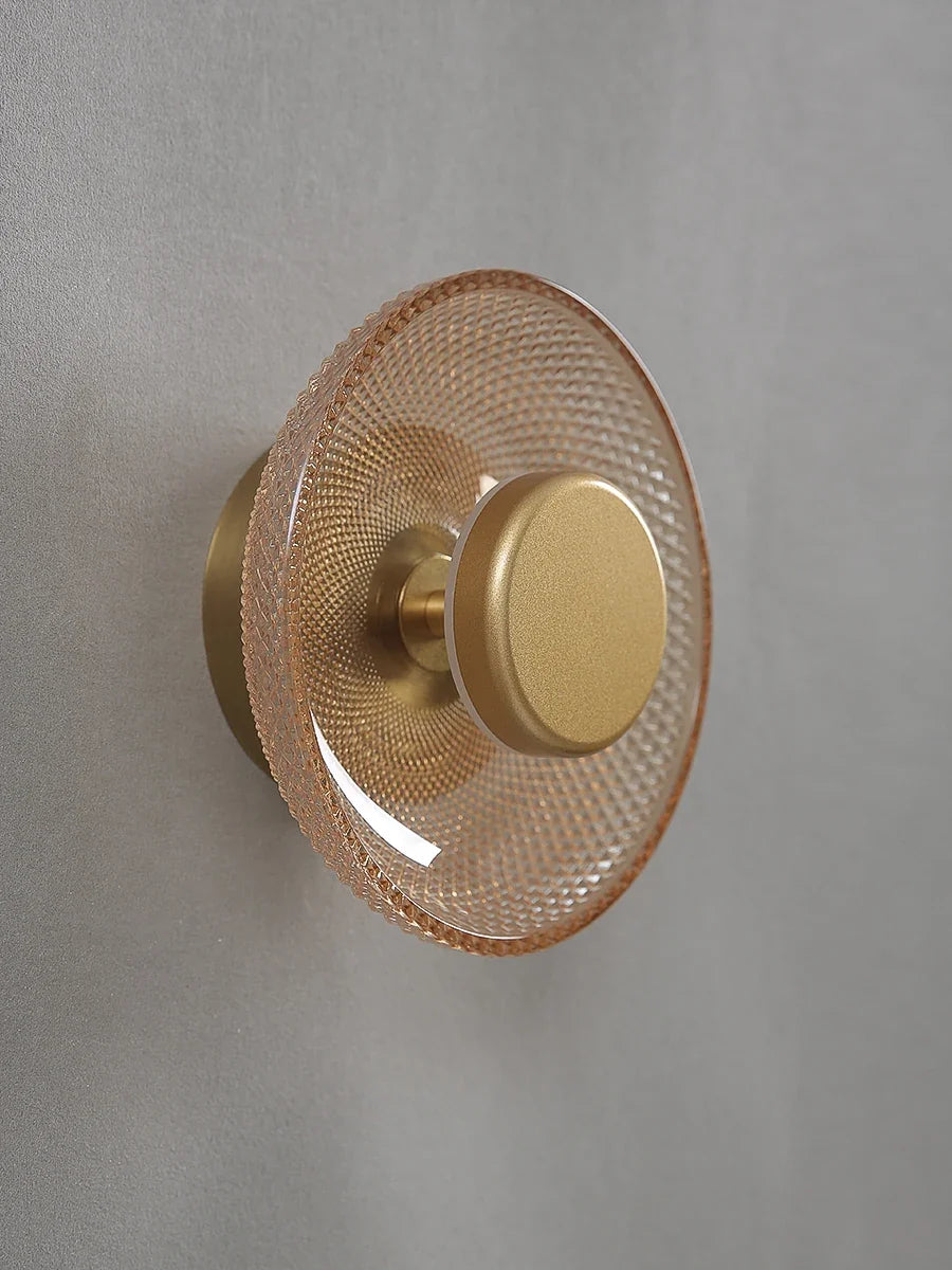 Modern Textured Colored Glass Disc LED Wall Light – Brushed Metal 17 cm Wall Sconce in Green, Clear, Smoke Grey or Amber