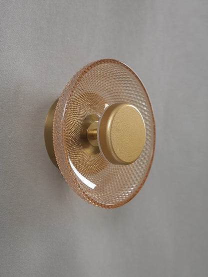 Modern Textured Colored Glass Disc LED Wall Light – Brushed Metal 17 cm Wall Sconce in Green, Clear, Smoke Grey or Amber