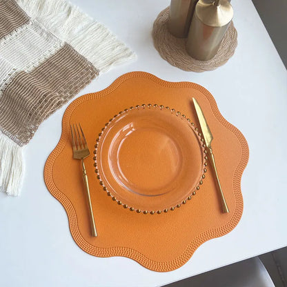 FloraMat Round Embossed Floral Faux Leather Placemats – Heat-Resistant Waterproof Table Mats, Set of 4 or 6, 5 Colors
