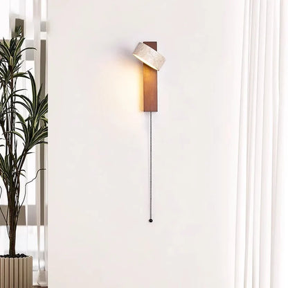 Éclat French Wabi-Sabi Wall Lamp – Solid Wood & Travertine Headboard Reading Light with Pull Switch for Bedroom