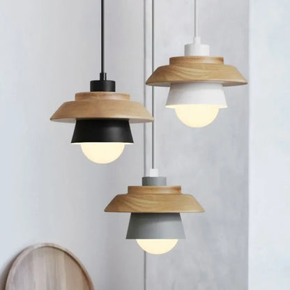 Nordic Wooden Macaron Pendant Light – Layered Wood & Color Hanging Lamp for Kitchen, Dining & Kids Room, Warm or Cool White