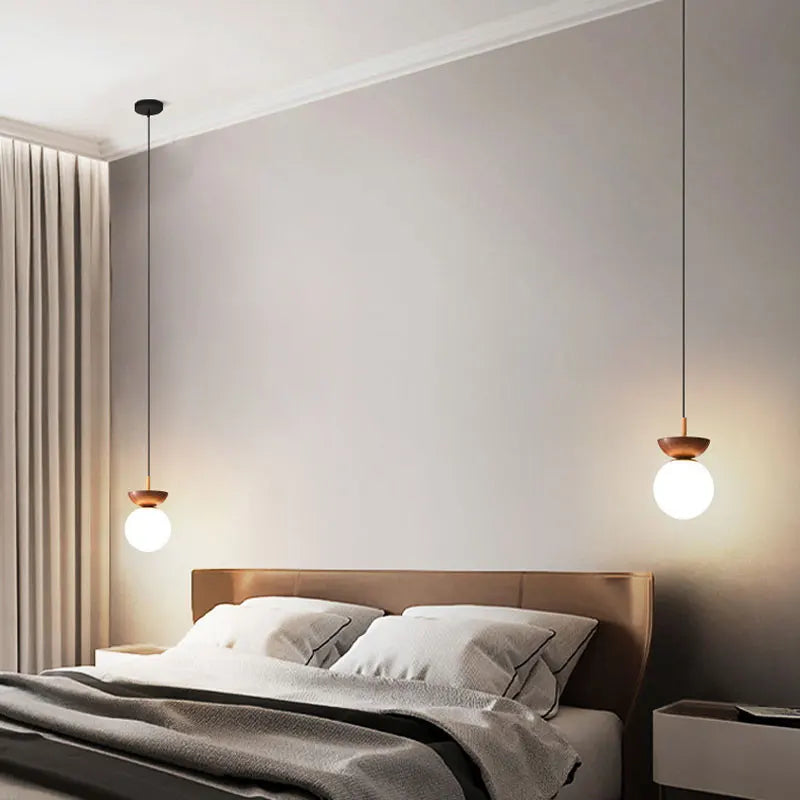 Nordic Opal Glass Globe Light with Wood-Effect Finish – Pendant or Ceiling Mount in Natural Wood or Walnut Look