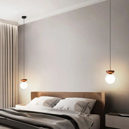 Nordic Opal Glass Globe Light with Wood-Effect Finish – Pendant or Ceiling Mount in Natural Wood or Walnut Look