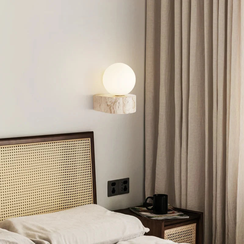 Yellow Travertine Stone Wall Lamp – Japanese-Inspired LED Sconce with Frosted Glass Shade, Warm White Natural Stone Light
