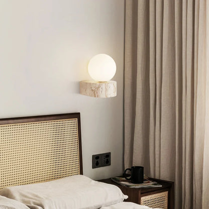 Yellow Travertine Stone Wall Lamp – Japanese-Inspired LED Sconce with Frosted Glass Shade, Warm White Natural Stone Light