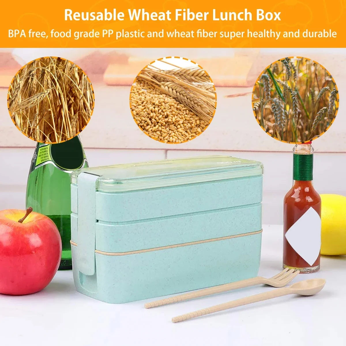 EcoStack 3-Tier Bento Lunch Box – Eco-Friendly Wheat Straw BPA-Free 900ml Stackable Food Container for School & Work