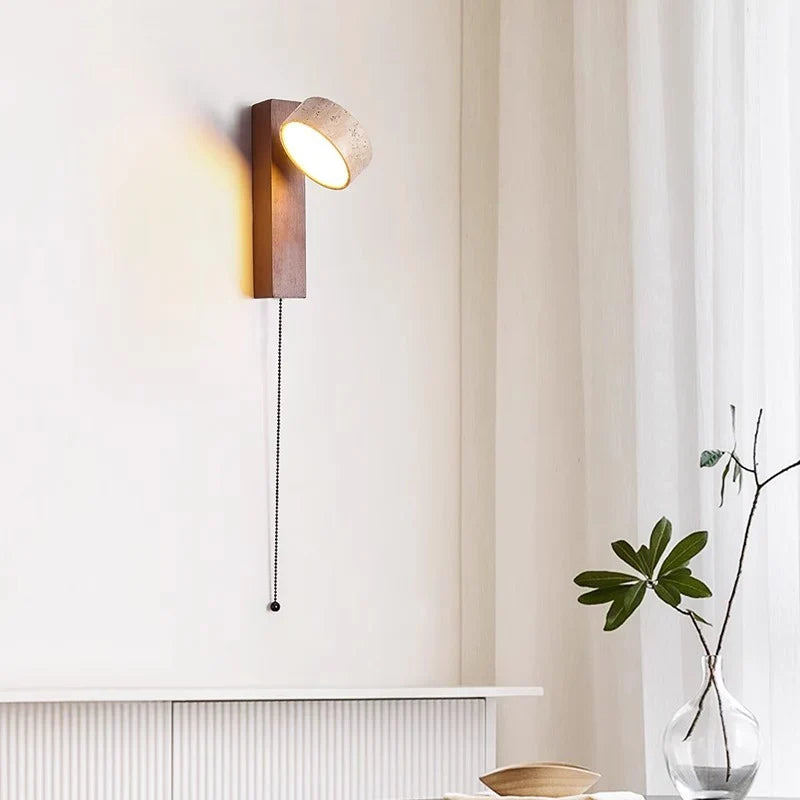 Éclat French Wabi-Sabi Wall Lamp – Solid Wood & Travertine Headboard Reading Light with Pull Switch for Bedroom