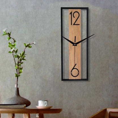 Modern Rectangular Wall Clock – Slim Wood Grain & Metal Frame Silent Clock, Minimalist Japandi Decor for Living Room & Office