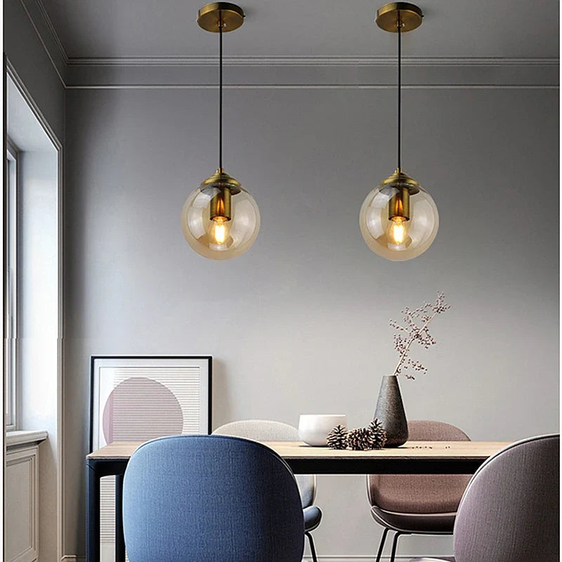Modern Nordic Glass Globe Pendant Light – Clear, Amber or Smoke Grey Glass Hanging Lamp for Dining Room, Kitchen & Cafe