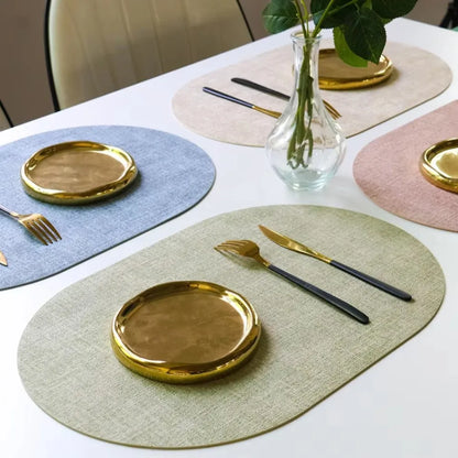 LinoMat Oval Faux Leather Placemats – Linen Texture Heat-Resistant Non-Slip Waterproof Table Mats, Set of 4 or 6, 8 Colors