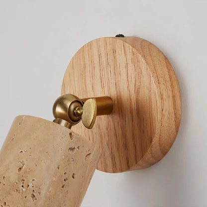 Huangdong Wabi-Sabi Travertine & Wood Wall Lamp – Japanese Natural Stone Wall Sconce with Focused Warm Light