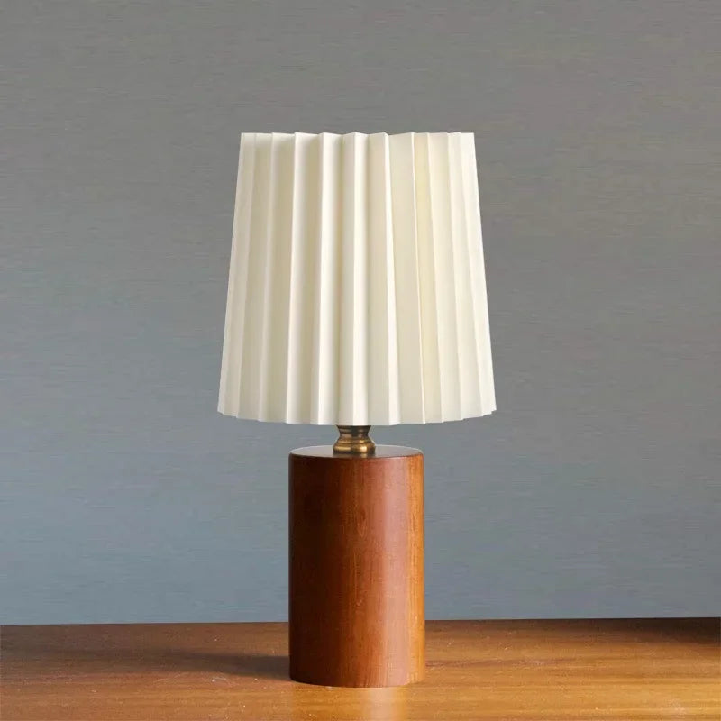 Medieval Pleated Table Lamp with Nordic Solid Wood Base – Soft Ambient Fabric Shade Bedside Lamp in Wood or Walnut