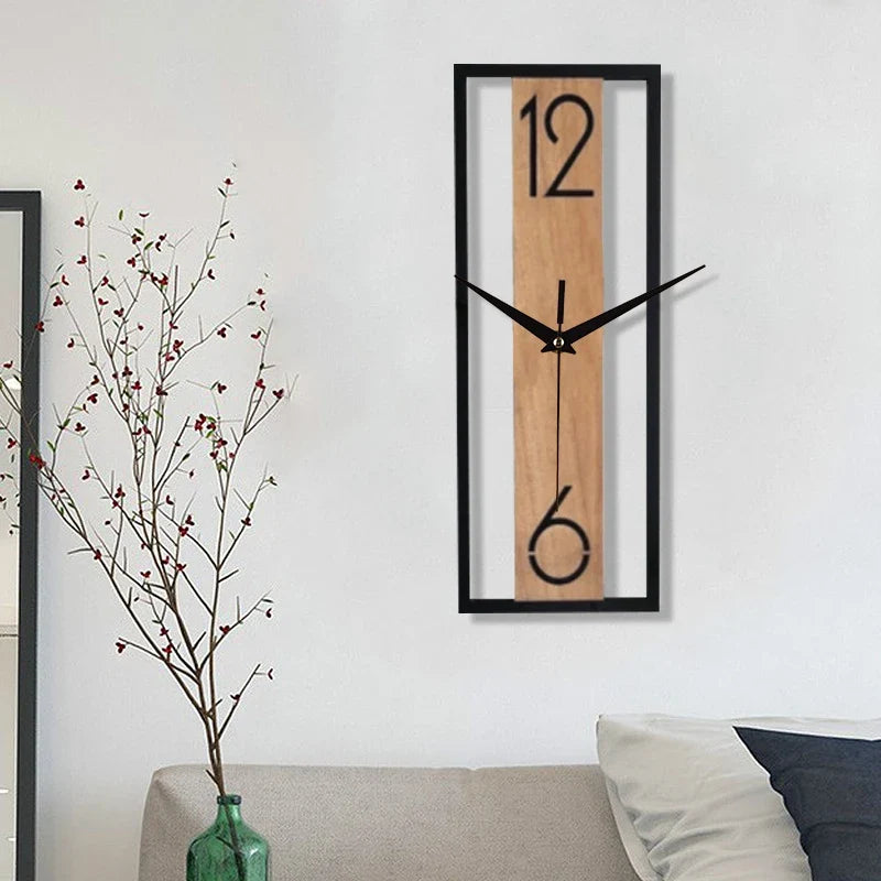 Modern Rectangular Wall Clock – Slim Wood Grain & Metal Frame Silent Clock, Minimalist Japandi Decor for Living Room & Office