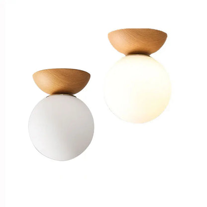 Nordic Opal Glass Globe Light with Wood-Effect Finish – Pendant or Ceiling Mount in Natural Wood or Walnut Look